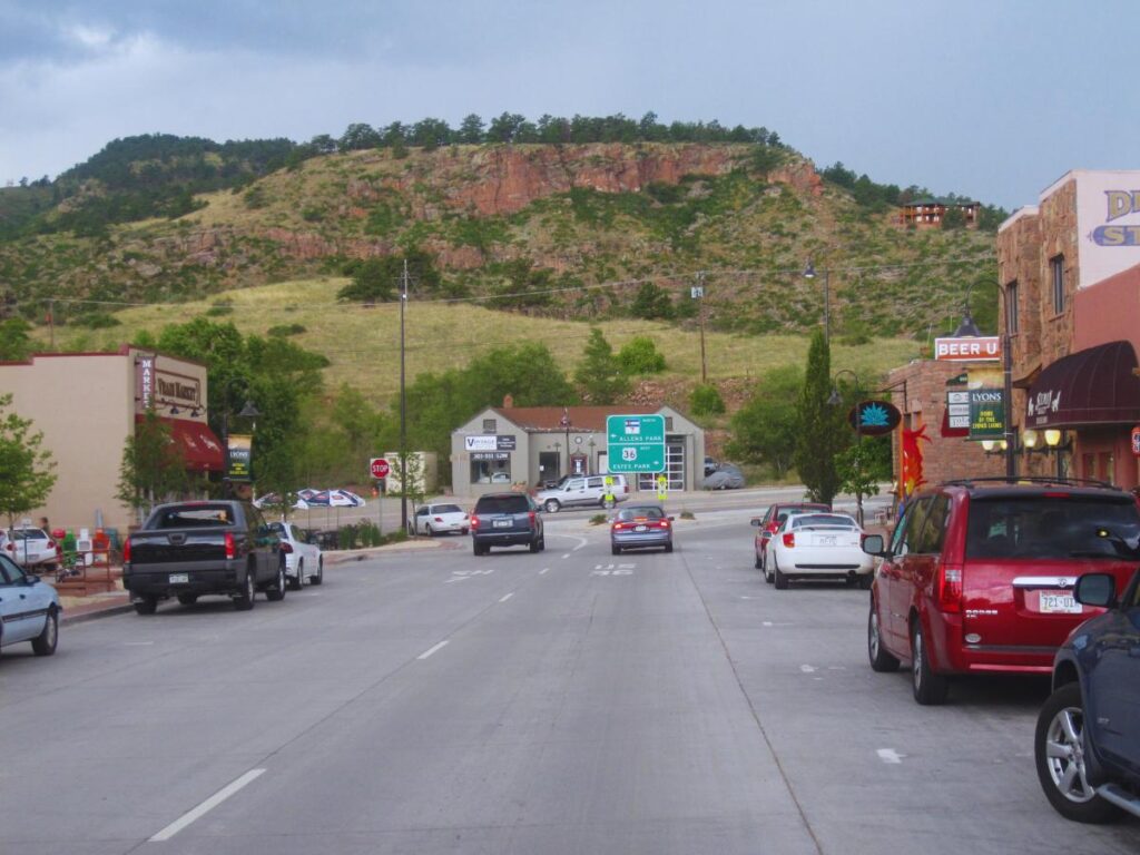 Downtown the intersection of U.S. Highway 36 and State Highway 7, Lyons, CO